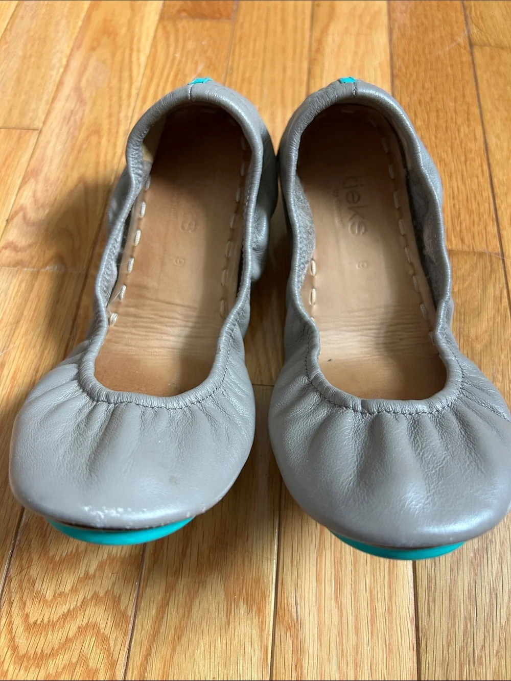 Tieks Light Brown/Khaki Leather Ballet Flats with Teal Trim - Picture 3 of 11